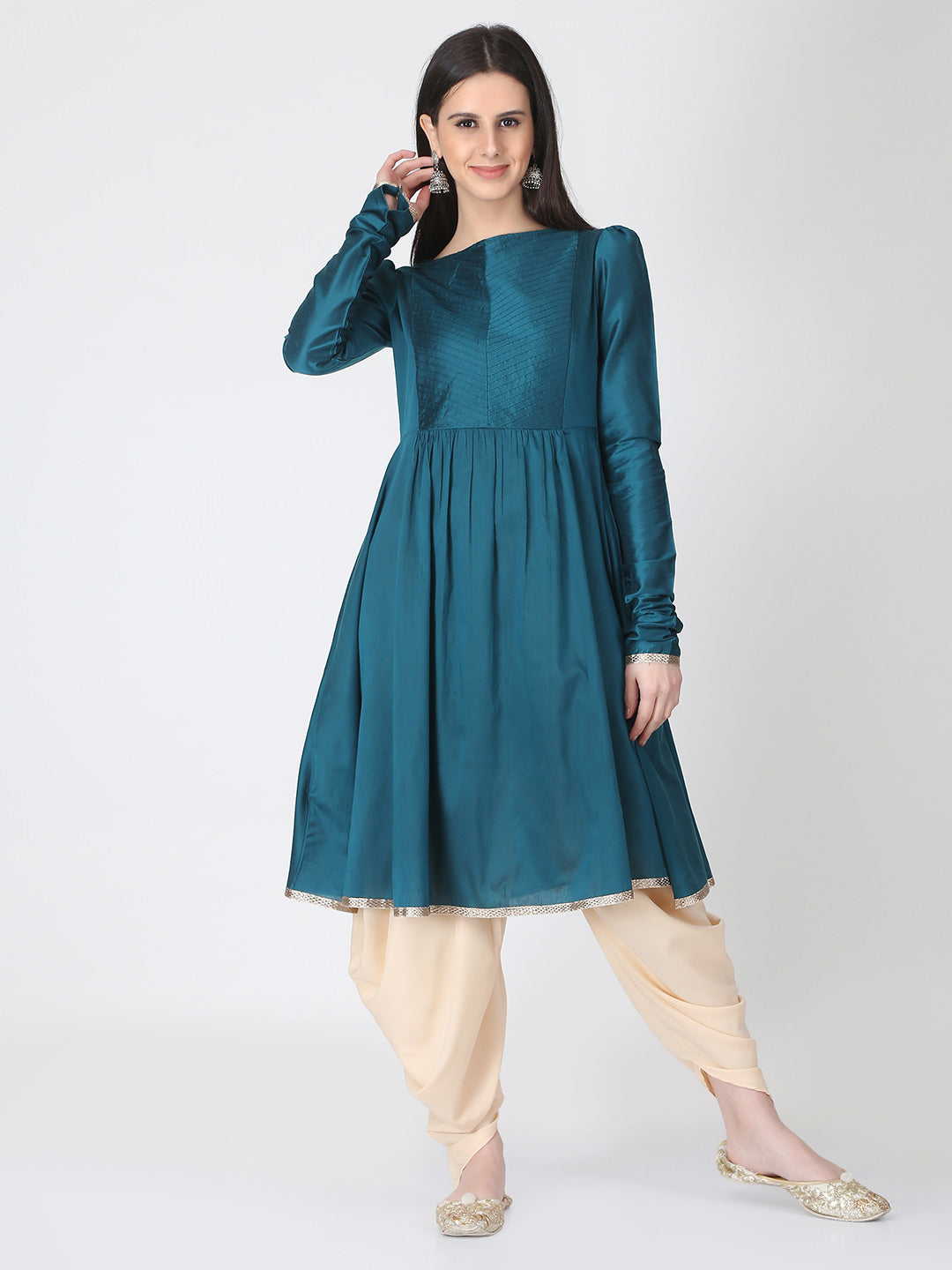 Navy Blue Cotton Silk Flared Kurta