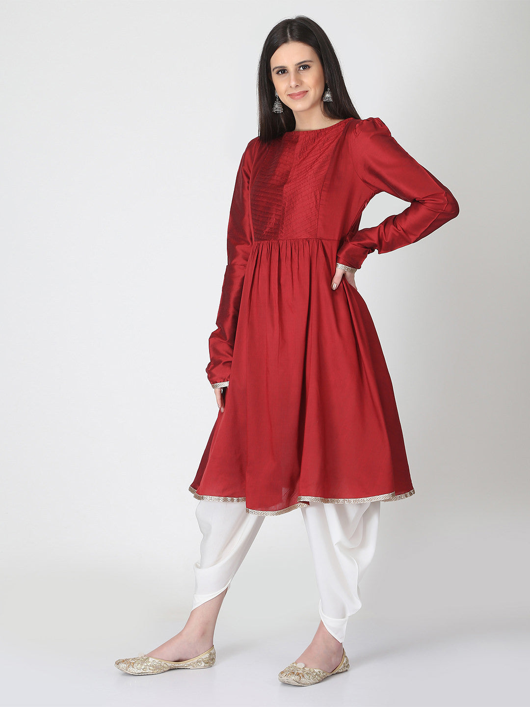 Maroon Banarasi Flared Kurta With Churidar Sleeves