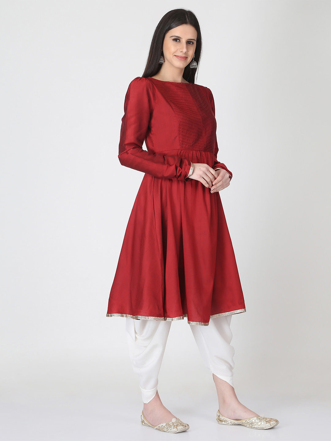 Maroon Banarasi Flared Kurta With Churidar Sleeves