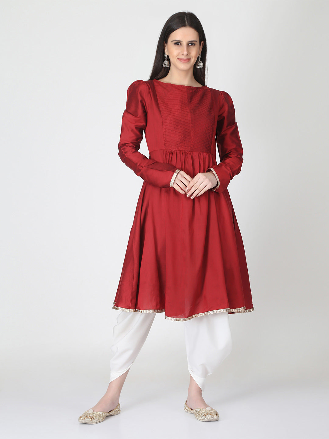 Maroon Banarasi Flared Kurta With Churidar Sleeves