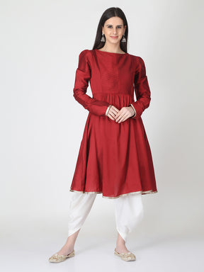Maroon Banarasi Flared Kurta With Churidar Sleeves