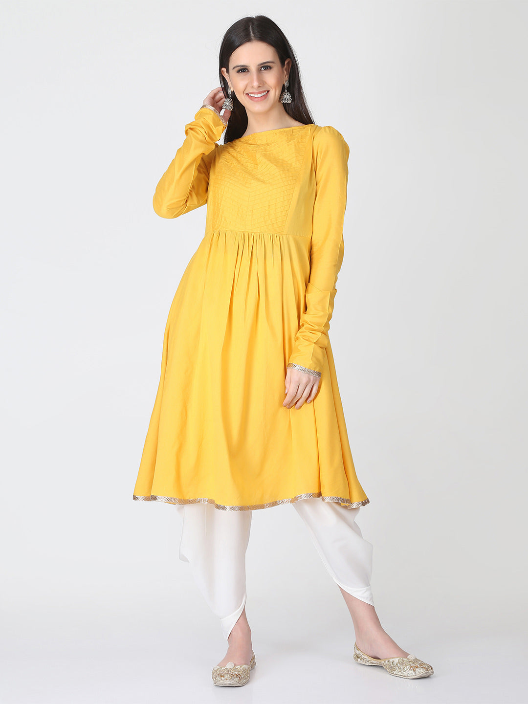 Yellow Banarasi Flared Kurta With Churidar Sleeves
