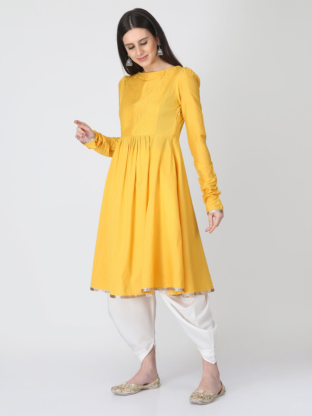 Yellow Banarasi Flared Kurta With Churidar Sleeves