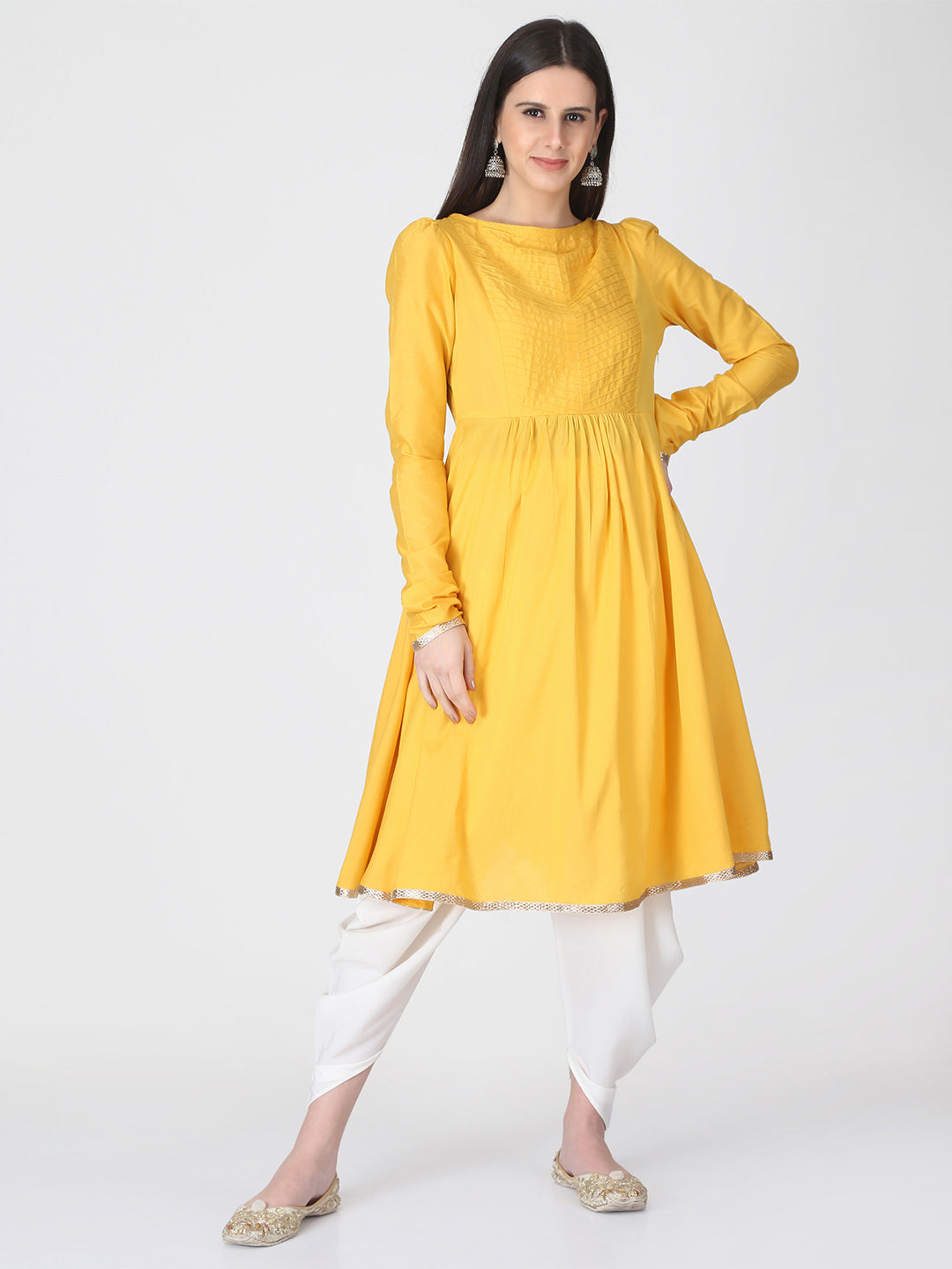 Yellow Banarasi Flared Kurta With Churidar Sleeves