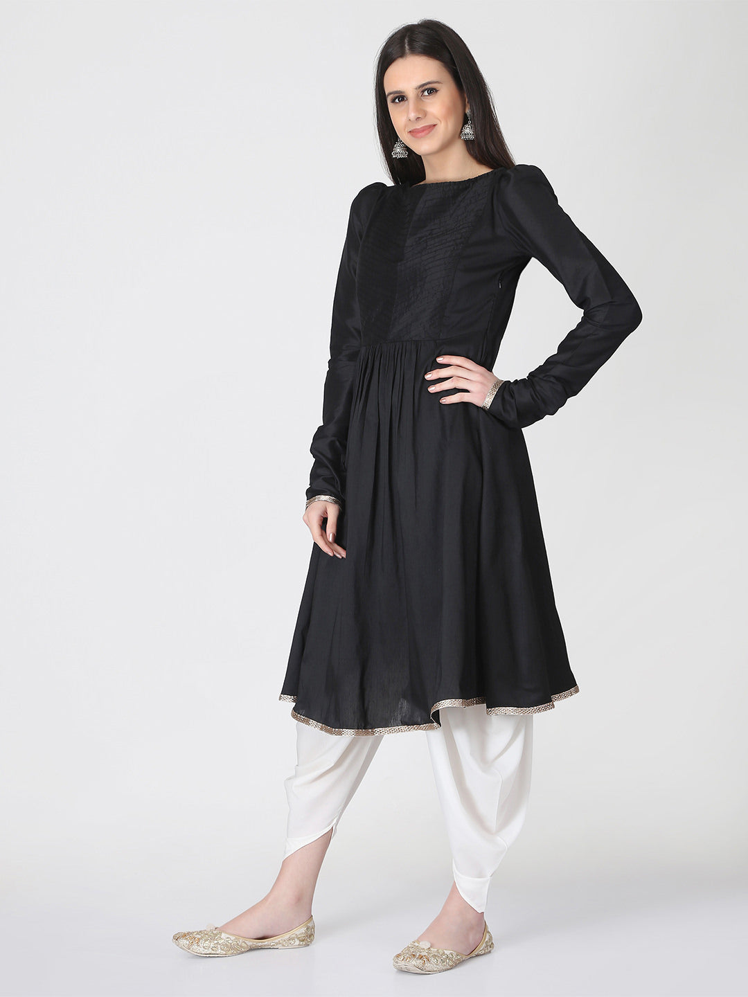 Black Cotton Silk Flared Kurta With Churidar Sleeves