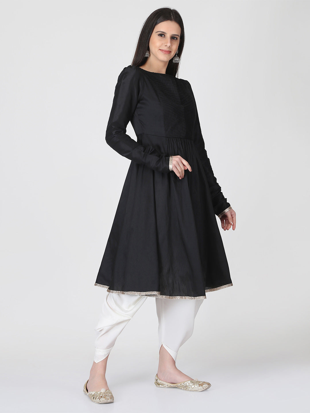 Black Cotton Silk Flared Kurta With Churidar Sleeves