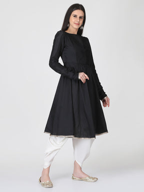 Black Cotton Silk Flared Kurta With Churidar Sleeves