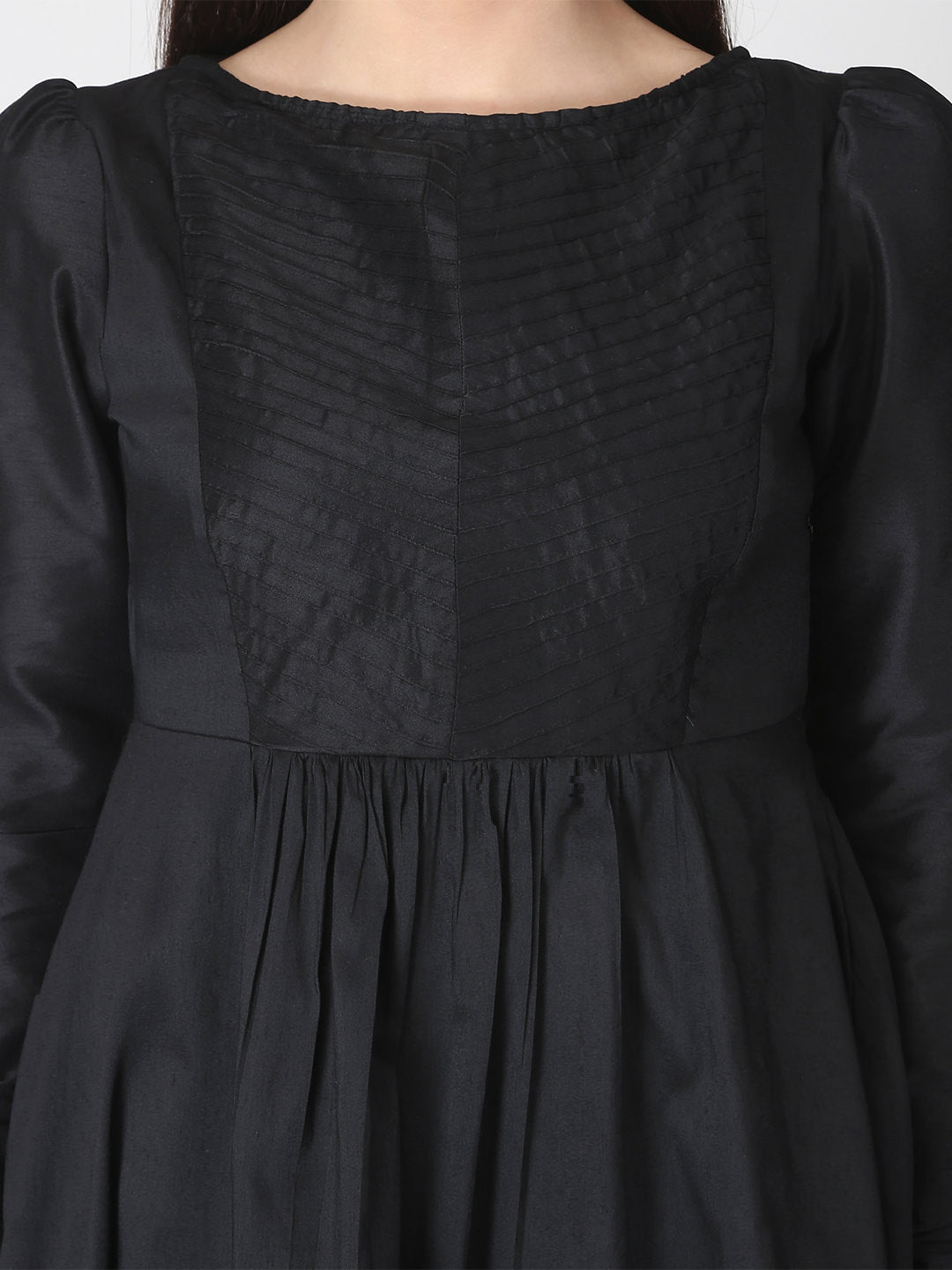 Black Cotton Silk Flared Kurta With Churidar Sleeves