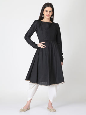 Black Cotton Silk Flared Kurta With Churidar Sleeves