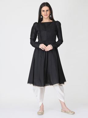 Black Cotton Silk Flared Kurta With Churidar Sleeves