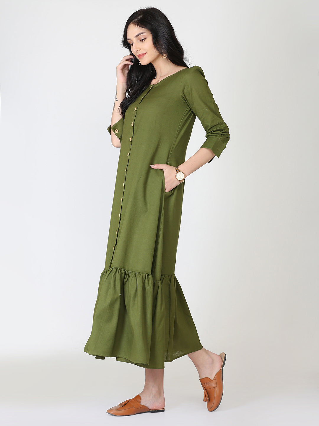 Olive Cotton Linen Button Down Dress