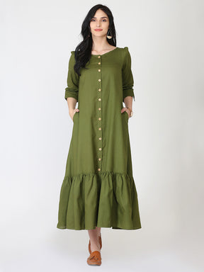Olive Cotton Linen Button Down Dress