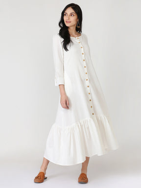 White Cotton Linen Button Down Dress