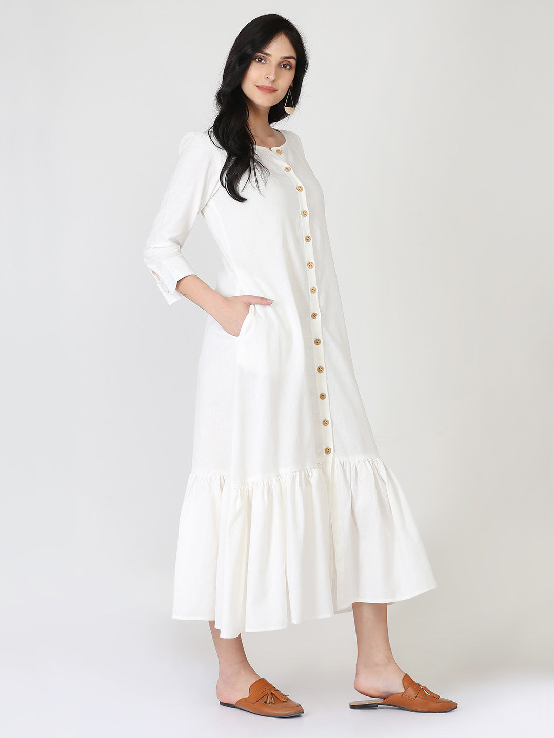 White Cotton Linen Button Down Dress