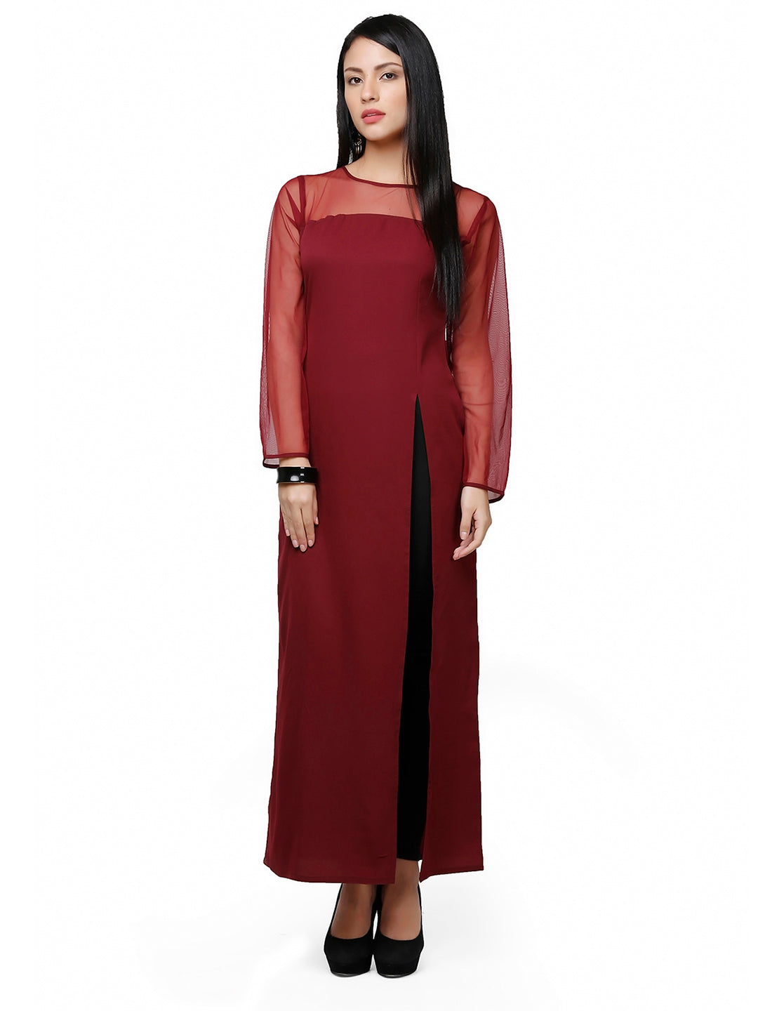 Abhishti Crepe side slit kurta with net yoke