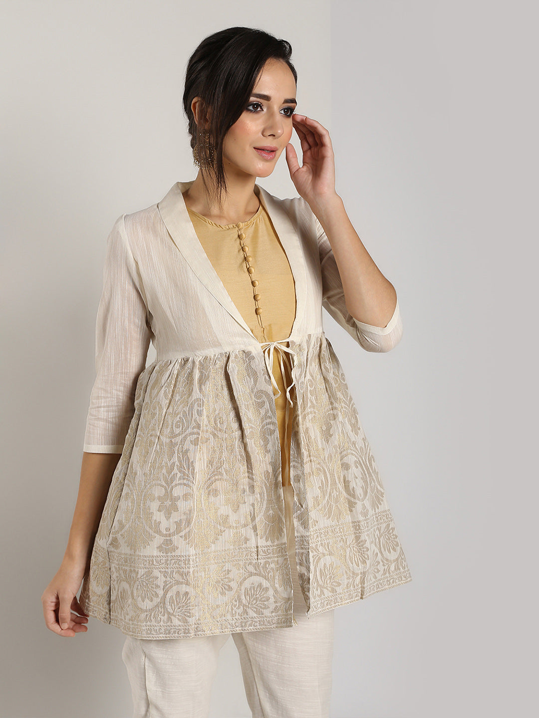 Taupe Cotton Peplum Jacket With Top