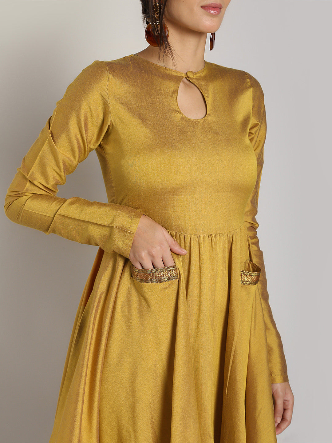 Golden Mangalgiri Flared Dress With Pockets