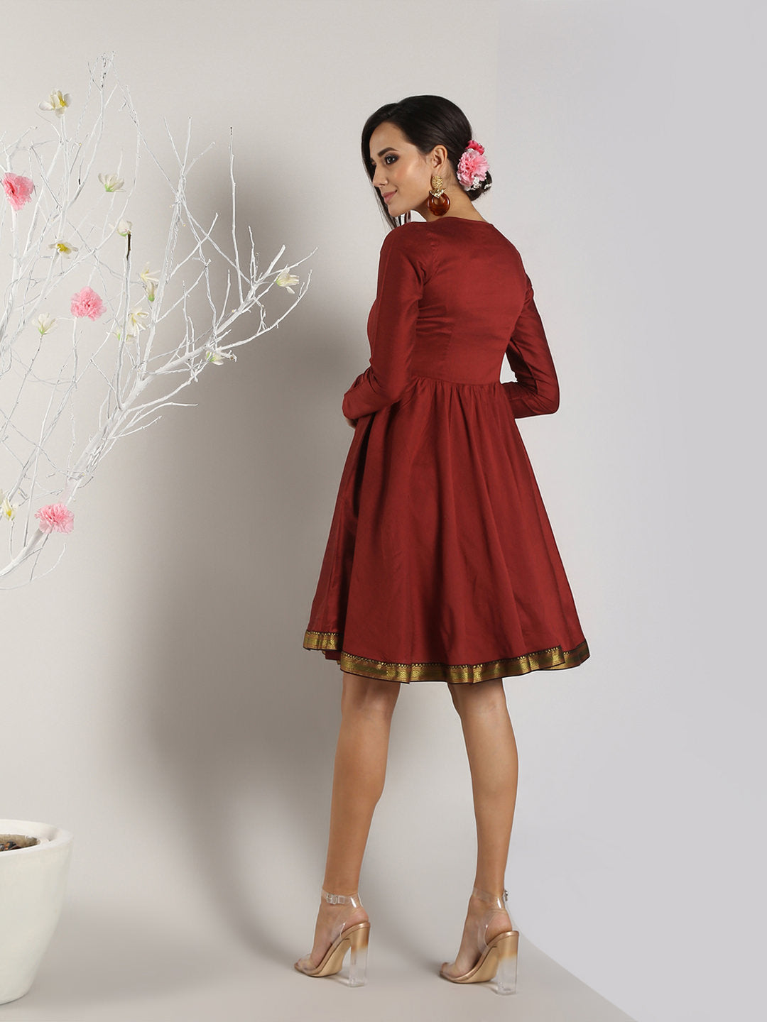 Red Mangalgiri Flared Dress With Pockets