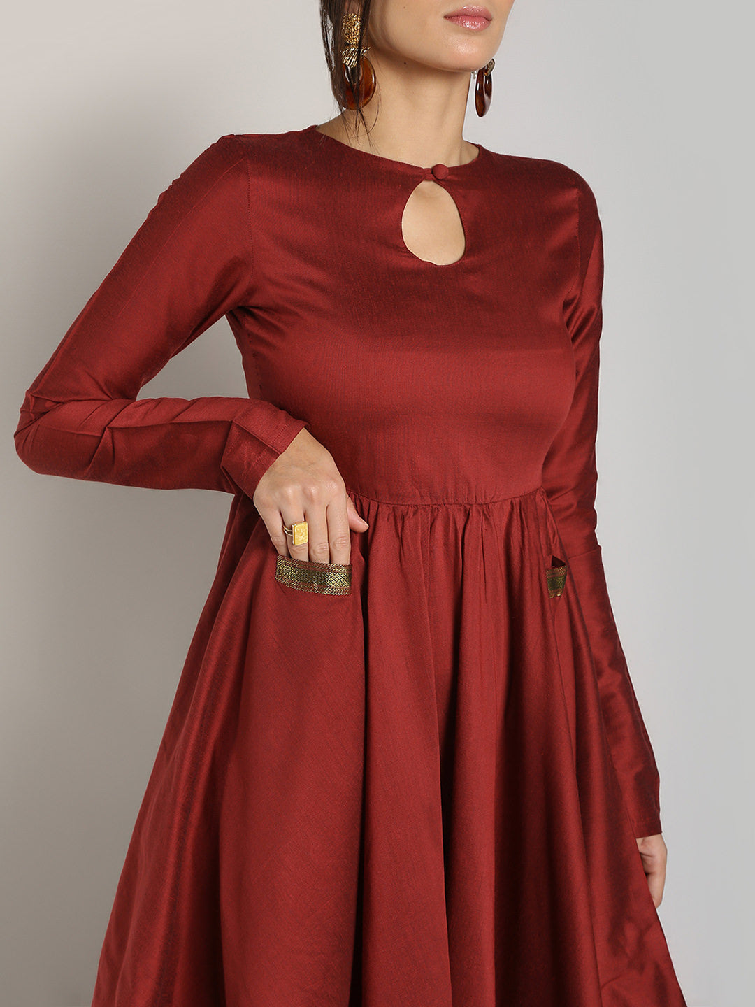 Red Mangalgiri Flared Dress With Pockets
