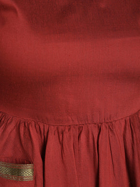 Red Mangalgiri Flared Dress With Pockets