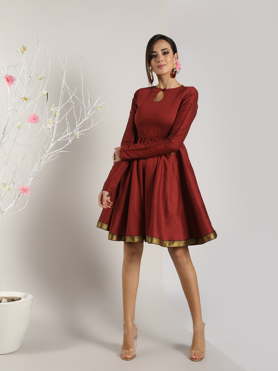 Red Mangalgiri Flared Dress With Pockets