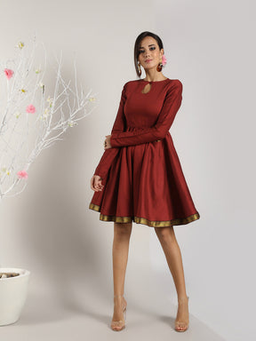 Red Mangalgiri Flared Dress With Pockets