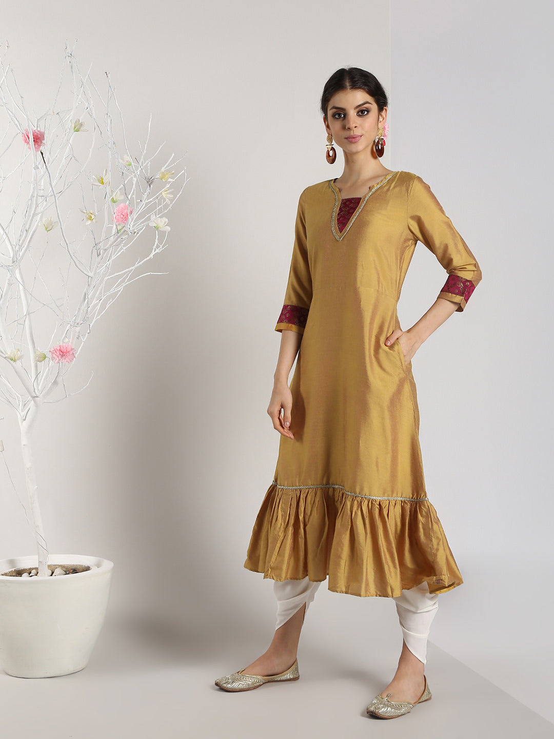 Abhishti Tiered dress with Brocade Inserts and lace detail