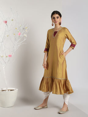 Abhishti Tiered dress with Brocade Inserts and lace detail