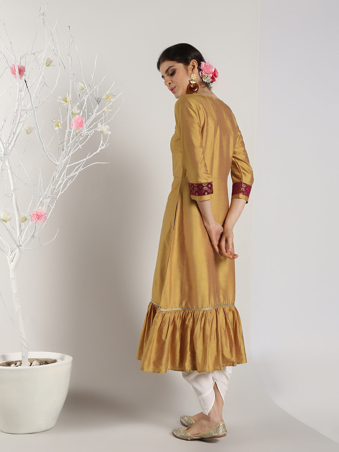 Abhishti Tiered dress with Brocade Inserts and lace detail
