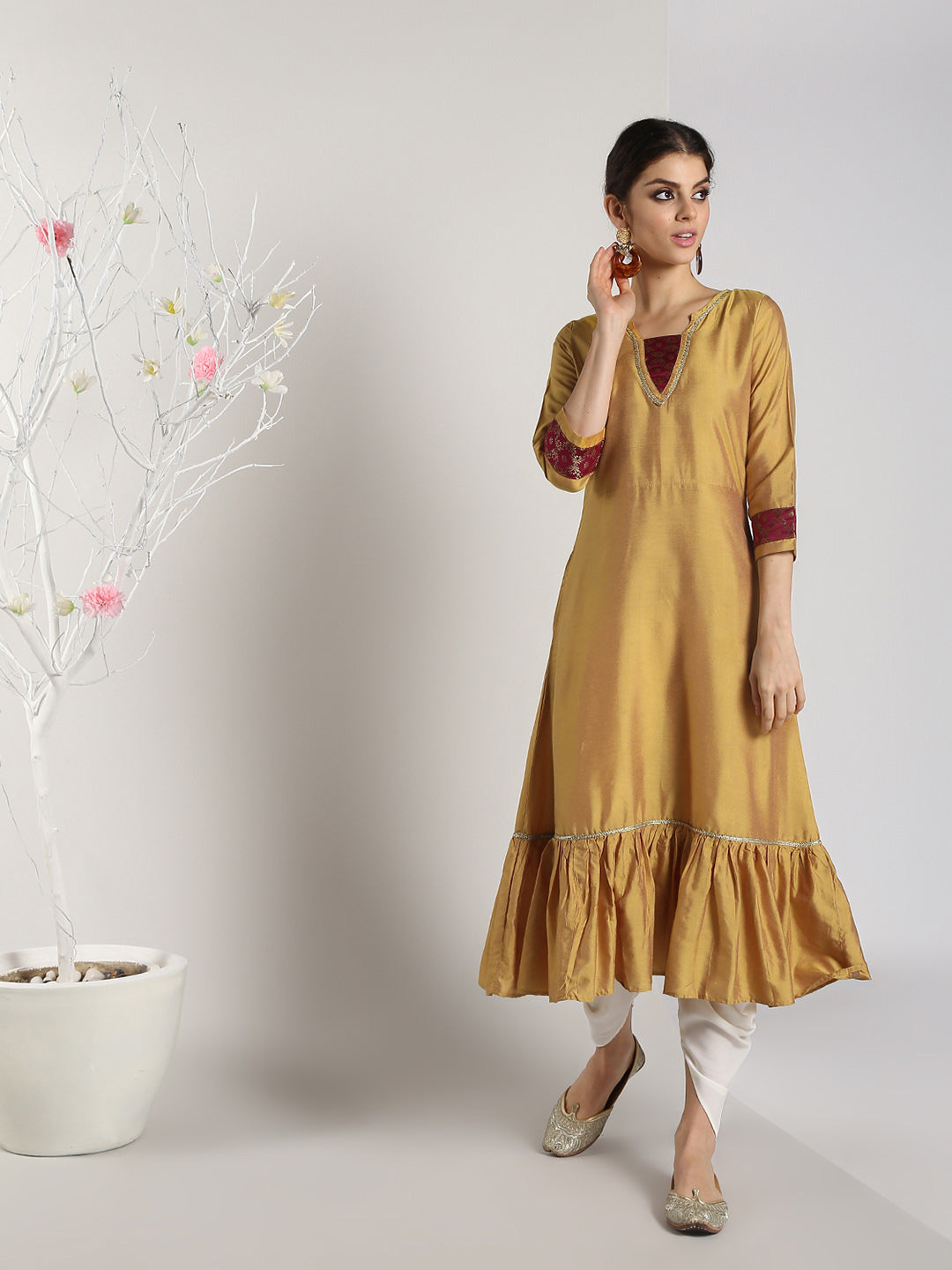 Abhishti Tiered dress with Brocade Inserts and lace detail