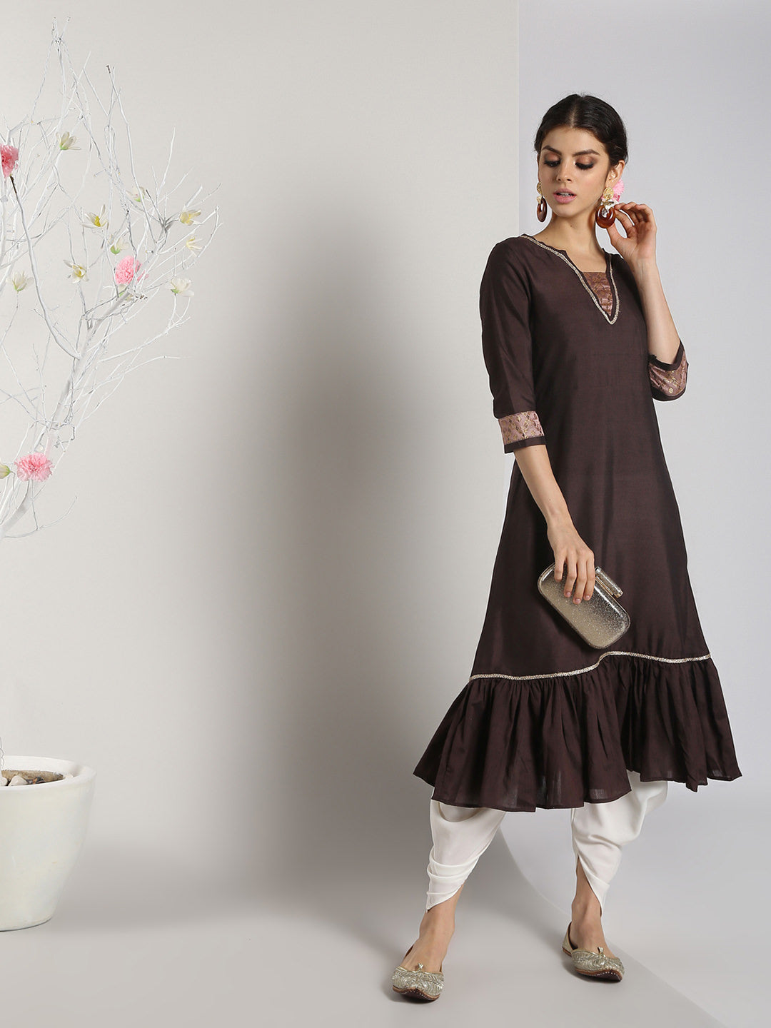 Abhishti Tiered dress with Brocade Inserts and lace detail