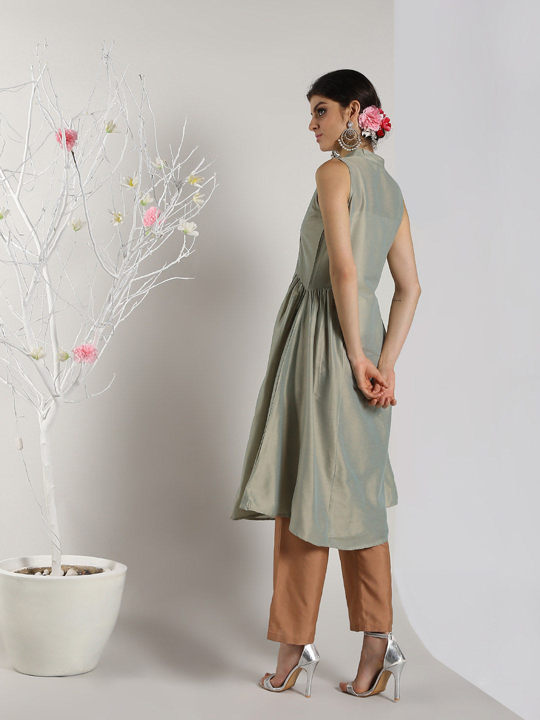 Abhishti Cotton Silk Long Yoke Detail kurta with Side panels