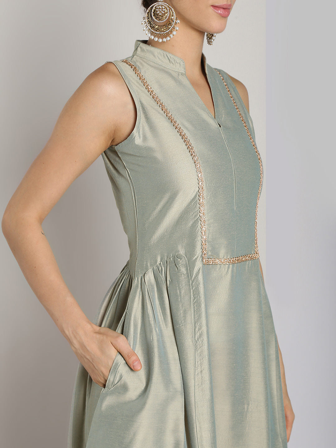 Abhishti Cotton Silk Long Yoke Detail kurta with Side panels