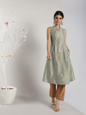 Abhishti Cotton Silk Long Yoke Detail kurta with Side panels
