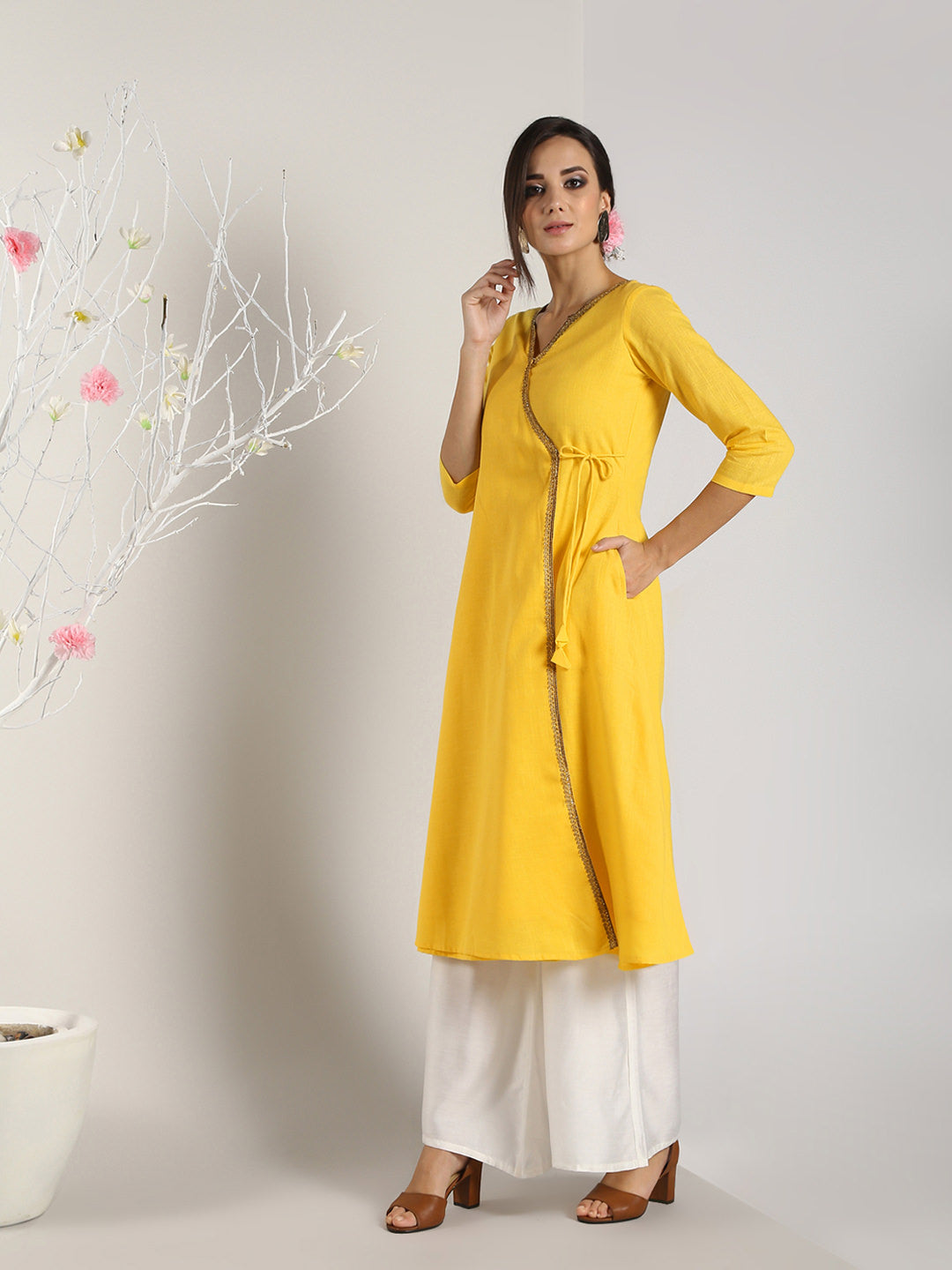 Abhishti Cotton Slub Angrakha Kurta with Lace detail
