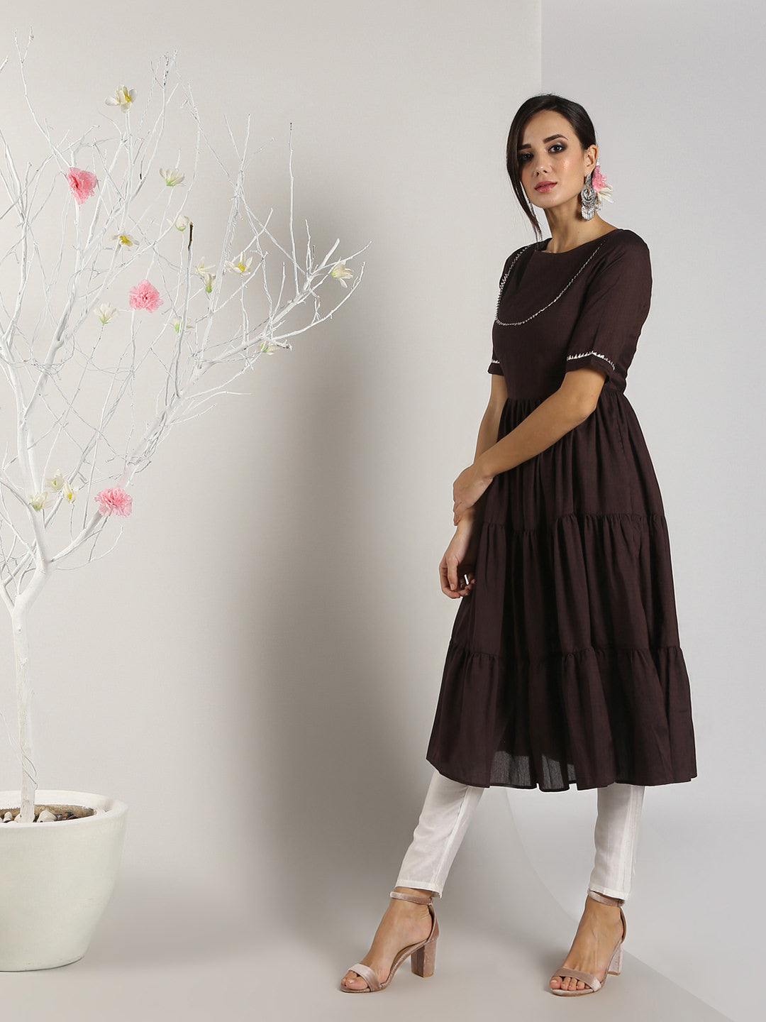 Abhishti Cotton Silk Tiered Flared Kurta with Lace Yoke detail