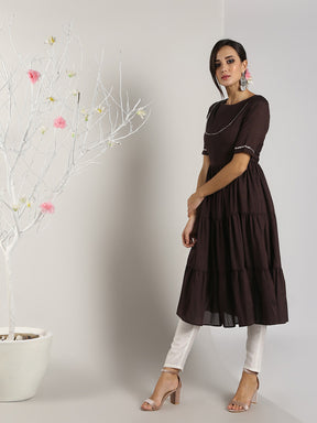Abhishti Cotton Silk Tiered Flared Kurta with Lace Yoke detail