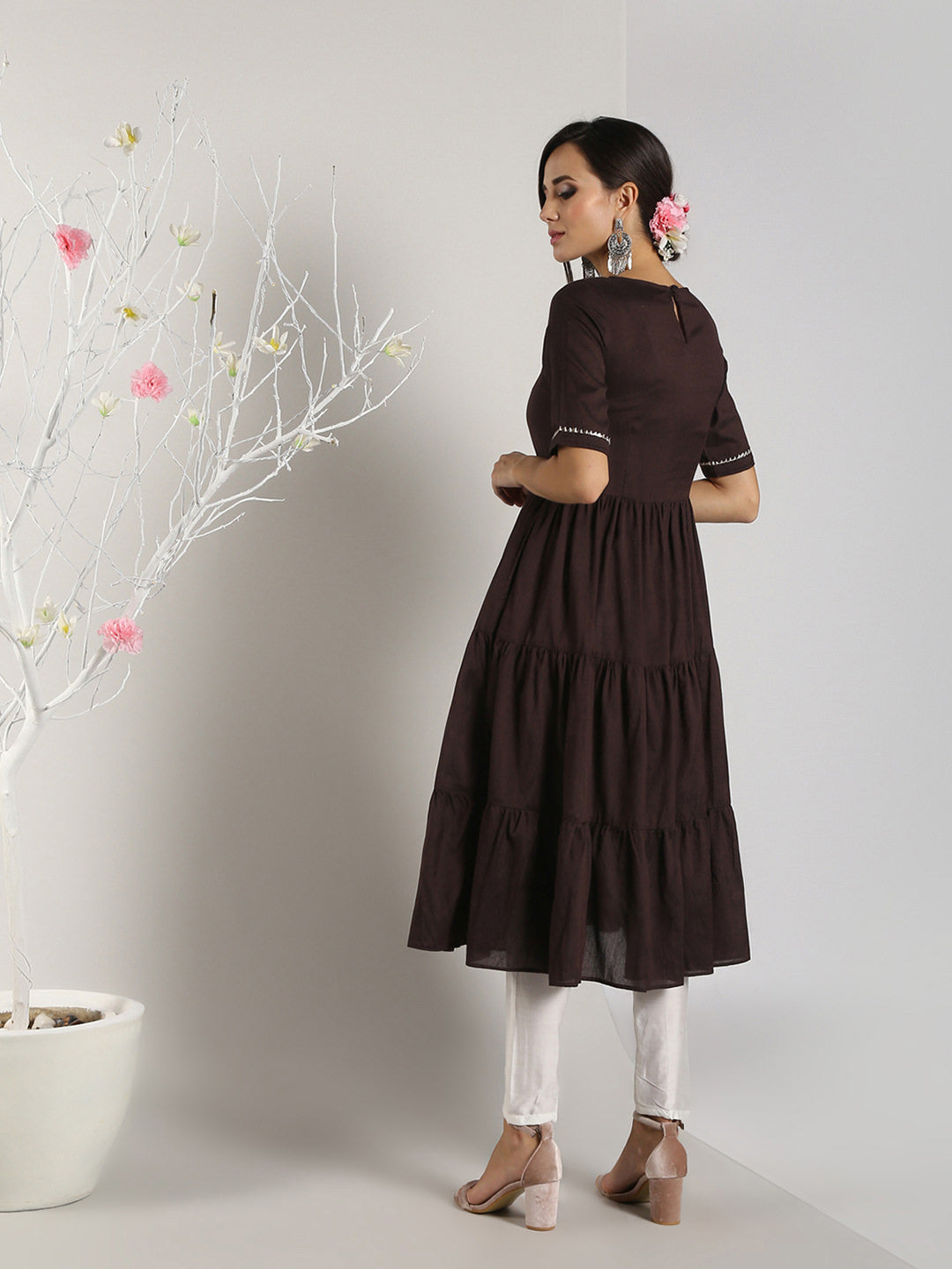 Abhishti Cotton Silk Tiered Flared Kurta with Lace Yoke detail