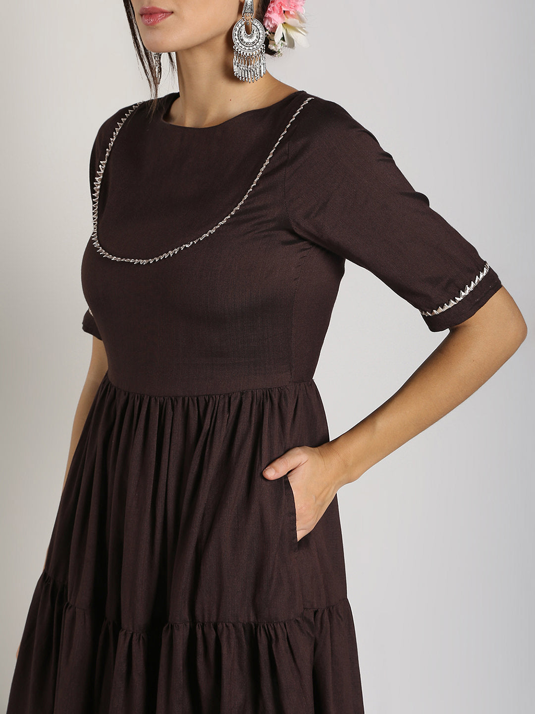 Abhishti Cotton Silk Tiered Flared Kurta with Lace Yoke detail