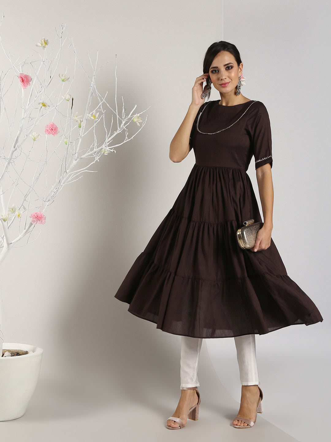 Abhishti Cotton Silk Tiered Flared Kurta with Lace Yoke detail