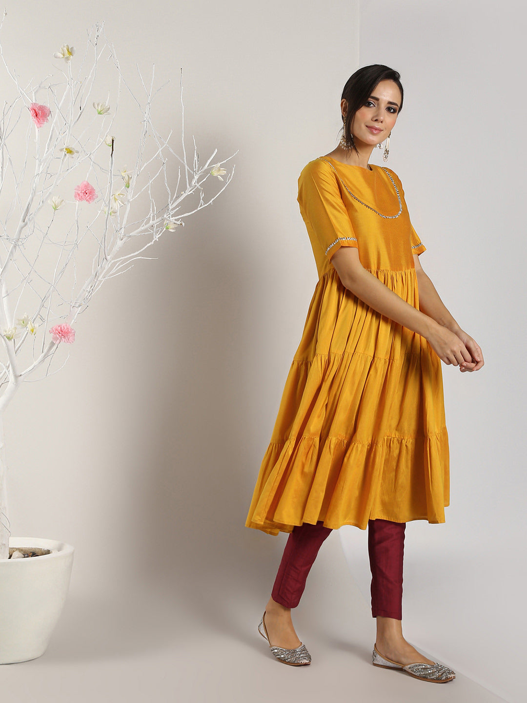 Abhishti Cotton Silk Tiered Flared Kurta with Lace Yoke detail