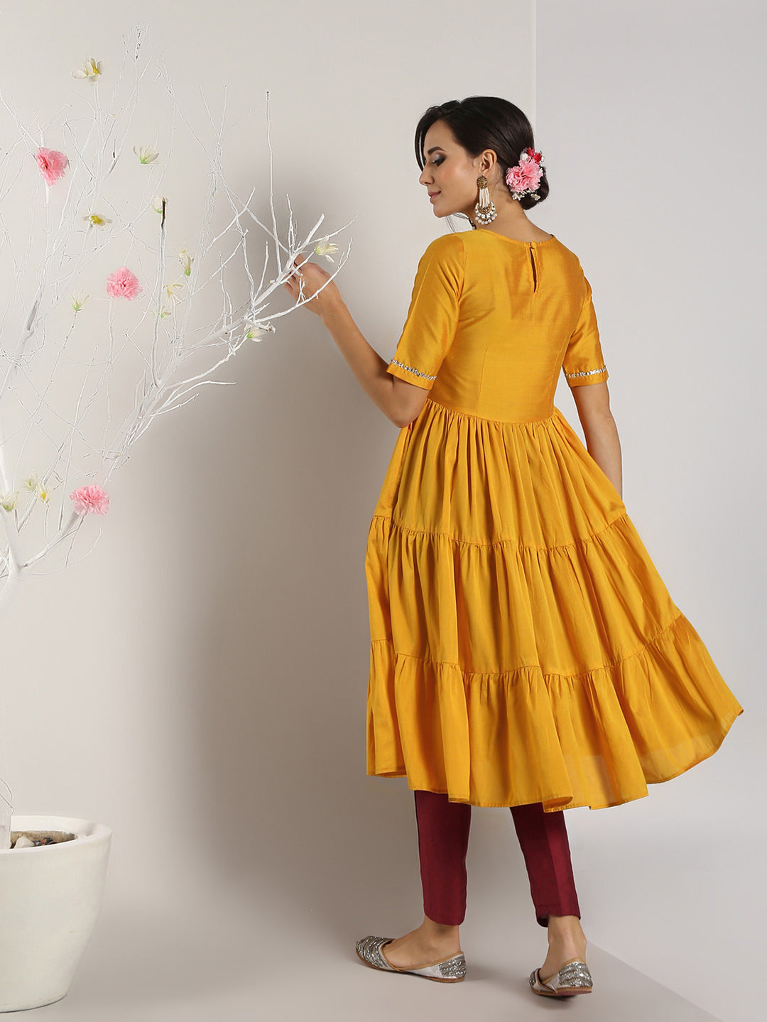 Abhishti Cotton Silk Tiered Flared Kurta with Lace Yoke detail