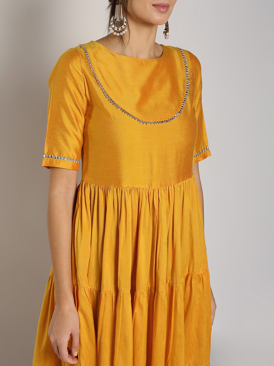 Abhishti Cotton Silk Tiered Flared Kurta with Lace Yoke detail
