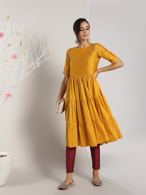 Abhishti Cotton Silk Tiered Flared Kurta with Lace Yoke detail