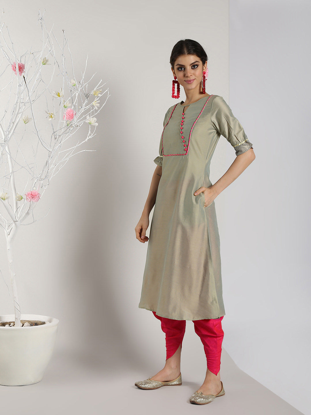 Abhishti Cotton Silk A-Line Kurta with Leheriya Lace Detail