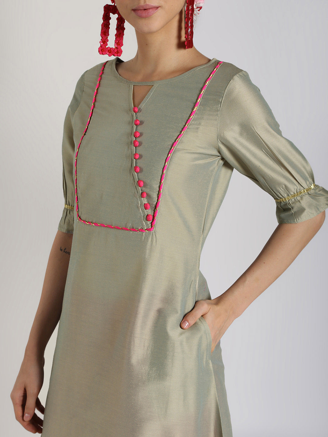 Abhishti Cotton Silk A-Line Kurta with Leheriya Lace Detail