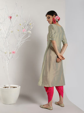 Abhishti Cotton Silk A-Line Kurta with Leheriya Lace Detail