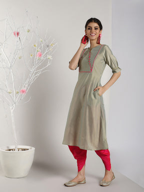 Abhishti Cotton Silk A-Line Kurta with Leheriya Lace Detail