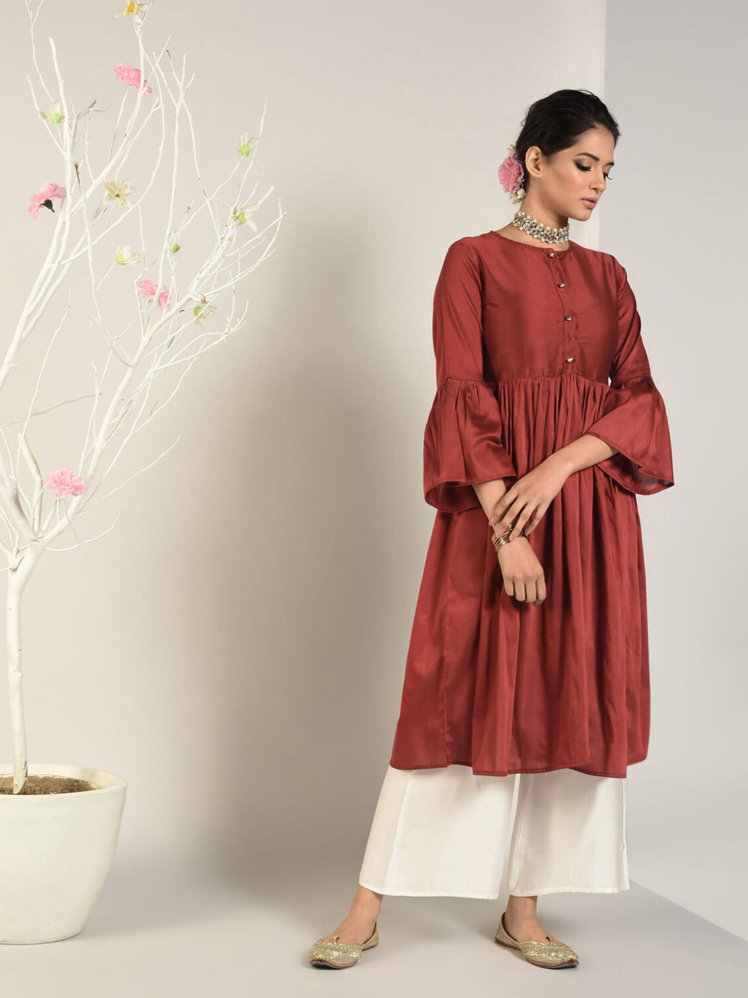 Abhishti Cotton Silk Kurta with Gathered Bell Sleeve
