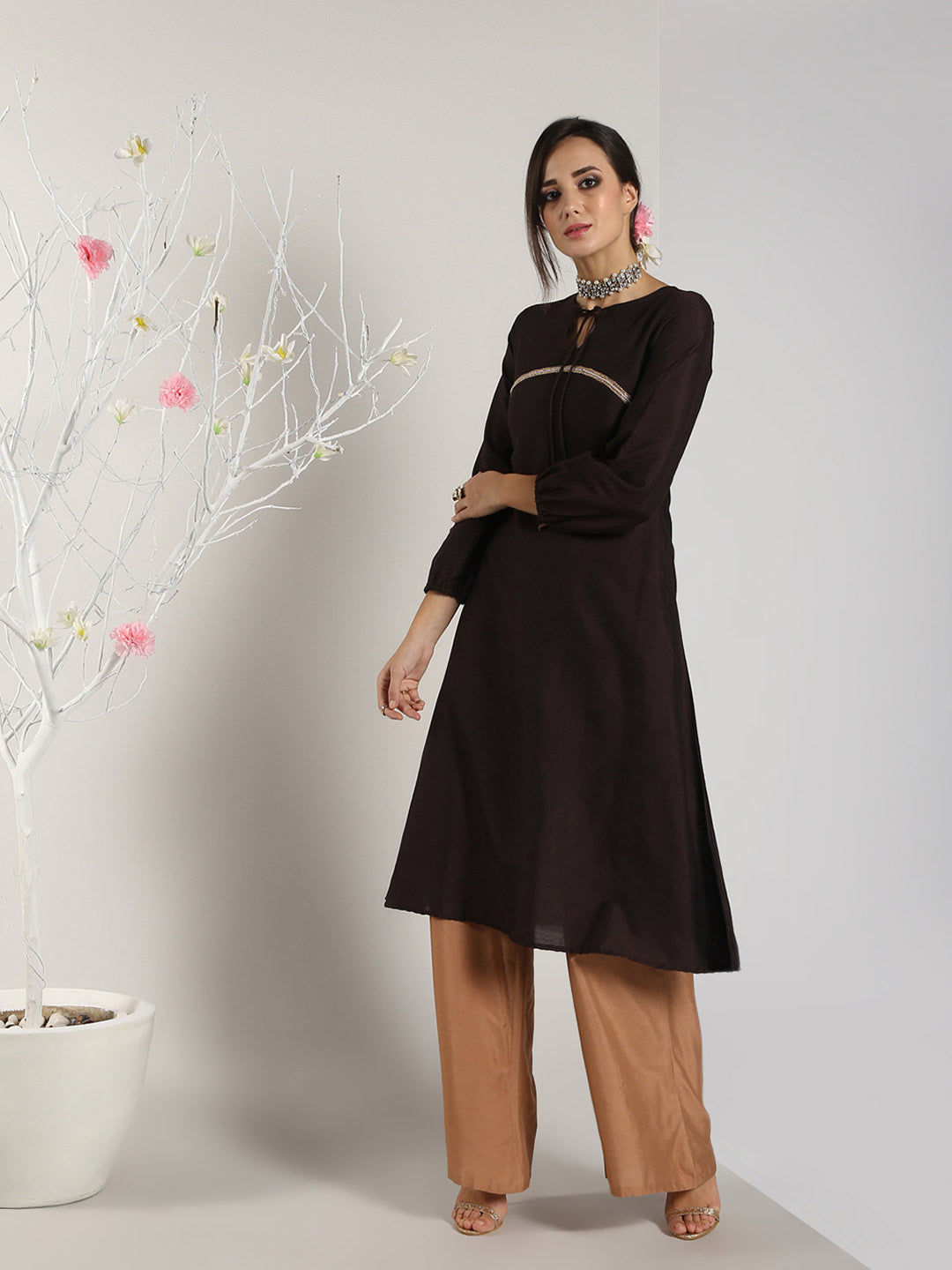 Abhishti Cotton Silk A-line Kurta with Bishop Sleeves